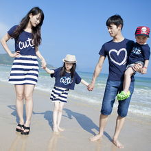 2014新款韩版亲子装夏装父子t恤妈妈背心两件套连衣裙