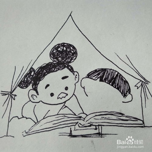 怎么画两个在帐篷里趴着看书的小女孩卡通简笔画