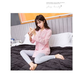 春秋新款韩版粉格子可爱卡通家居服长袖中长款睡衣甜美女开衫套装