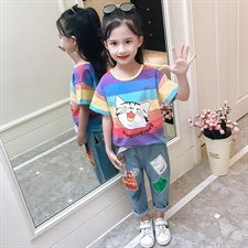 童装女童夏装2019新款韩版休闲卡通彩条条纹纯棉卡通套装两件套潮