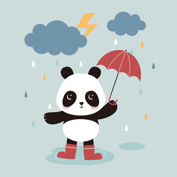 手绘卡通雨天撑伞熊猫