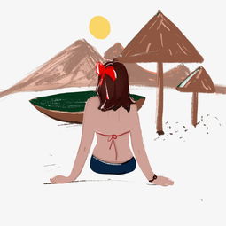 沙滩美女背影手绘插画图片素材其他格式下载动漫人物大全