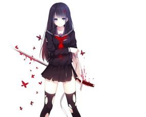 一个动漫女生拿着太刀黑头发黑校服蓝色眼睛
