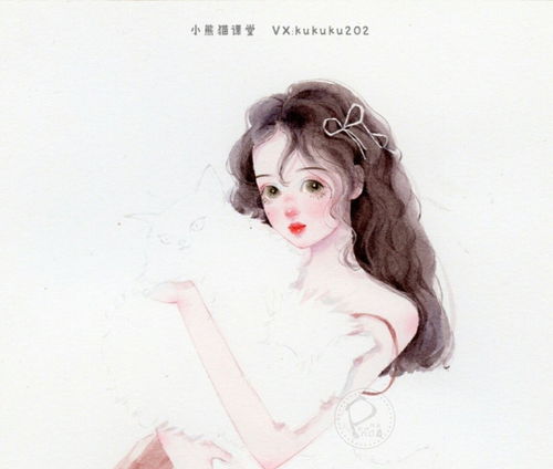 水彩手绘人物插画水彩教程卡通插画头像唯美抱猫少女壁