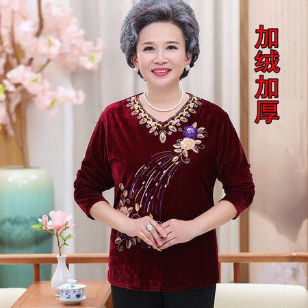 春秋季中老年奶奶长袖加绒t恤金丝绒女装上衣老人妈妈宽松打底衫图片大全邮乐官方网站