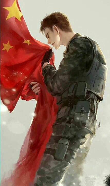 求一张国旗和军人融为一体的动漫图片,或者夕阳下军人向国旗敬礼的动漫图片
