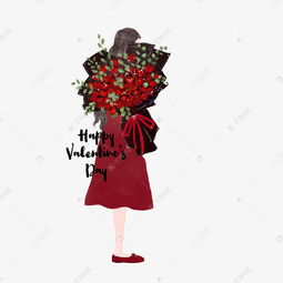 情人节红色系红裙子拿大束红玫瑰女孩卡通手绘素材图片免费下载千库网