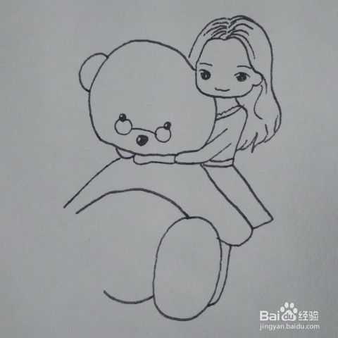 怎么画一个抱着一只超大熊的女孩卡通简笔画