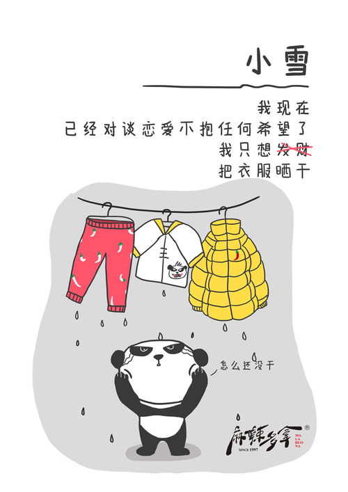 麻辣多拿品牌宣传海报二十四节气小雪大雪晾衣服衣服不干崩溃悲催微信表情qq表情山城冻画冻疮长在膝盖上海报设计闪屏麻辣多拿原创手绘熊猫多拿君辣条麻辣搞笑麻辣多拿品牌宣传原创画板