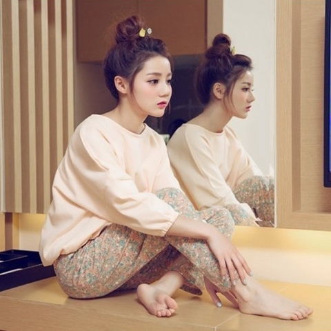 春秋季韩版睡衣上衣加裤子女士简约可爱家居套装休闲卡通韩版长袖