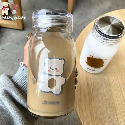 ins网红可爱熊熊玻璃杯卡通加厚耐热水杯韩式男女学生情侣随手杯