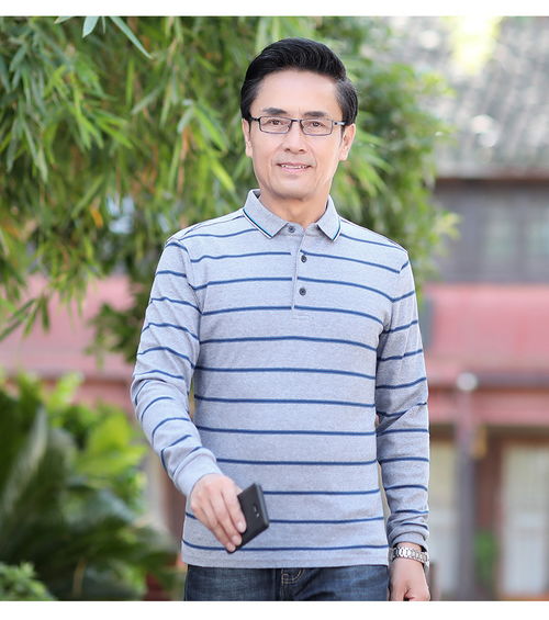 洋湖轩榭爸爸装长袖t恤纯棉翻领条纹打底衫秋季中年男士体恤衫薄a