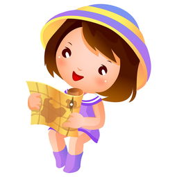 卡通看地图的快乐女孩