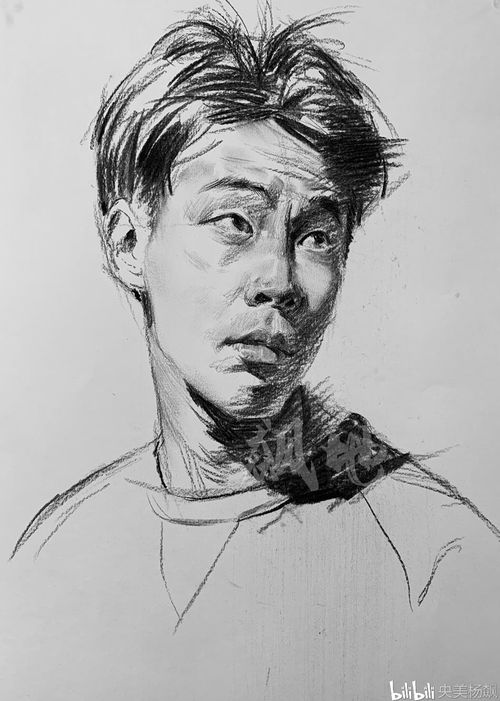素描头像歪头的短发男青年