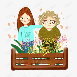 美女和奶奶一起赏菊卡通插画素材图片免费下载高清psd千库网图片编号11318932
