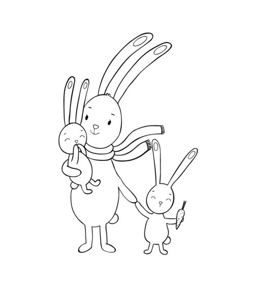 兔妈妈和两只小兔子线描卡通矢量素材y22367