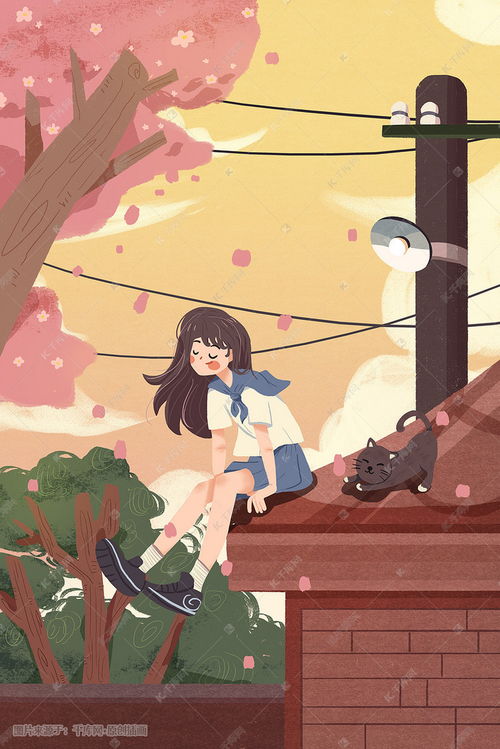 清新唯美春天樱花三月少女卡通人物猫咪插画图片千库网
