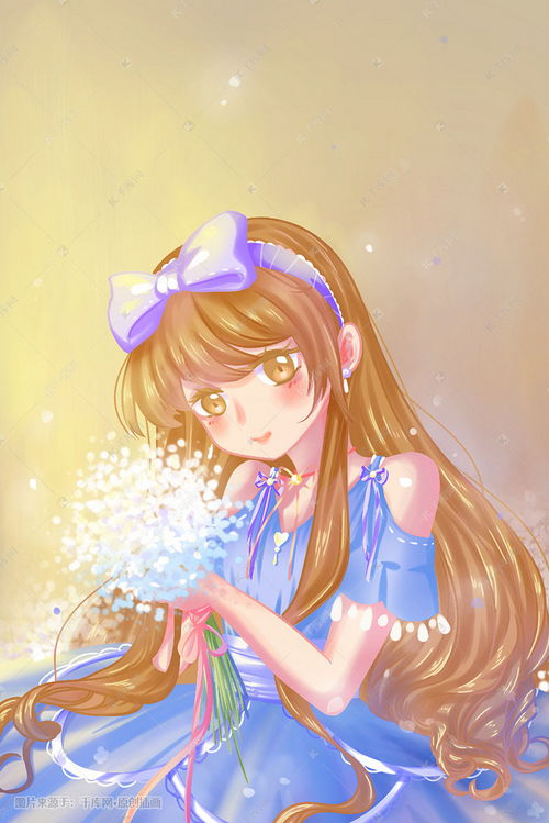 蓝色唯美卡通少女与花可爱满天星春季配图插画图片千库网