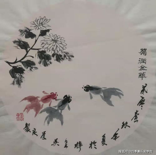 以金鱼为主体,画风不同的国画圆光四君子