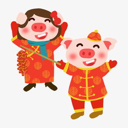 春节卡通手绘放鞭炮的情侣小猪图片素材其他格式下载动漫人物大全