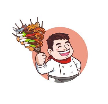 卡通中年男厨师拿烤串头像矢量图