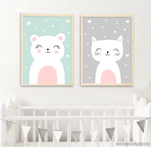 现代简约手绘卡通猫咪小熊装饰画图片