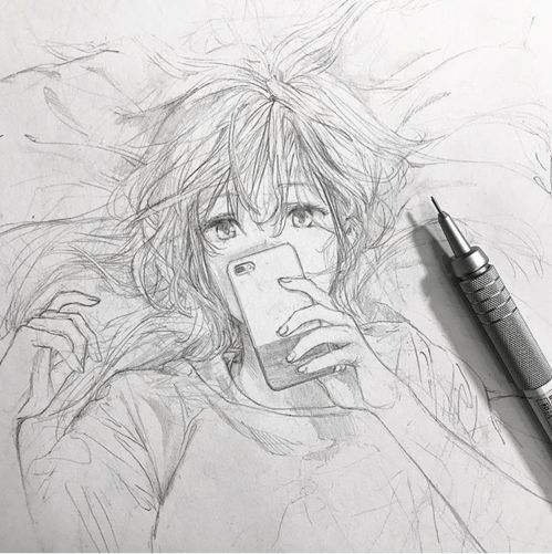 黑白手绘线稿动漫少女,柔美的线条,有没有美到你呢