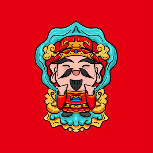 手绘国潮卡通财神插画