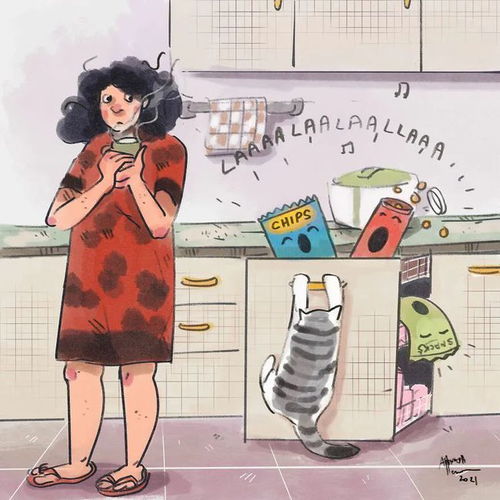 女孩画出与宠物猫的宅家日常,可爱的画风,让人看了嘴角上扬