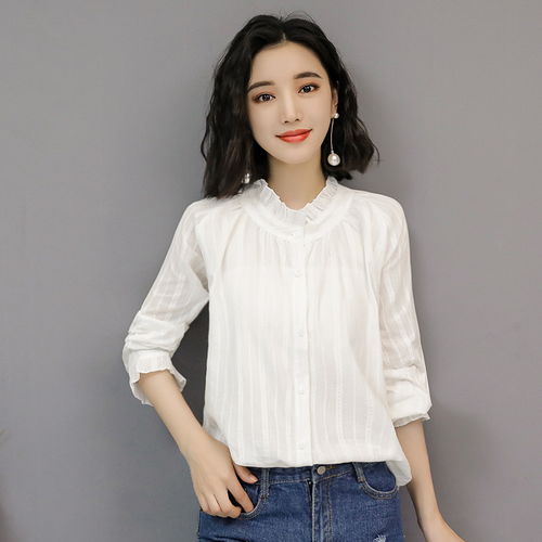 2021年春装新款衬衫白色纯棉衬衫花边领衬衫休闲淑女百搭简约文艺