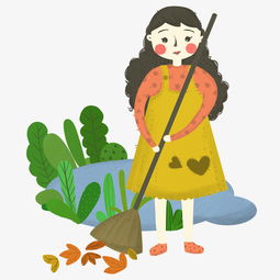 卡通手绘秋季女孩扫落叶图片素材其他格式下载动漫人物大全