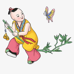 春节复古年画抱竹子的娃娃手绘图片素材其他格式下载动漫人物大全
