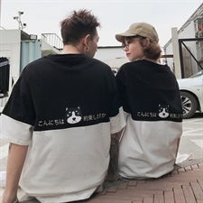 货已出情侣装短袖t恤黑白拼接卡通小狗印花男女潮班服t127p35