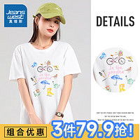 真维斯jeanswest圆领短袖t恤女装夏季纯棉卡通印花上衣服潮流休闲百搭白色打底kcpp款kc41273z01白色8100s